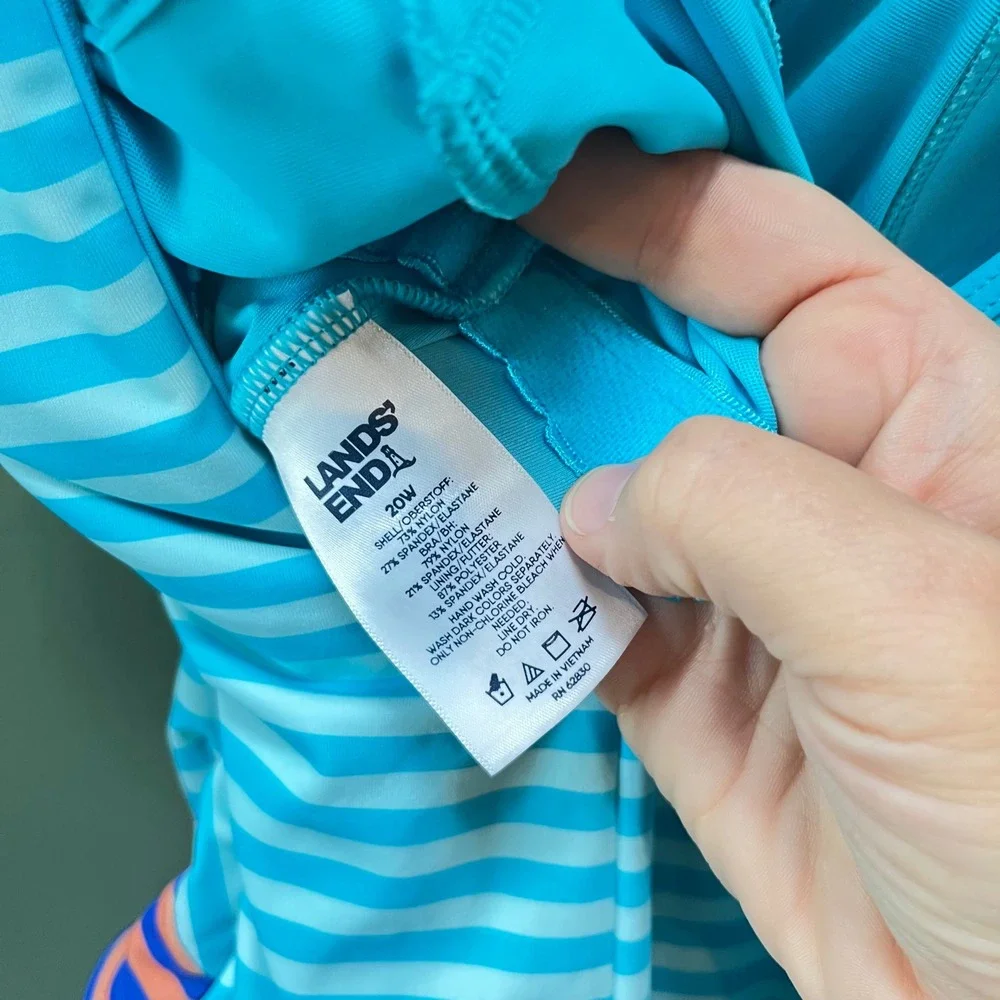Lands End‎ Womens 20W One Piece Swimsuit Blue Striped Colorblock Scoop Neck NEW